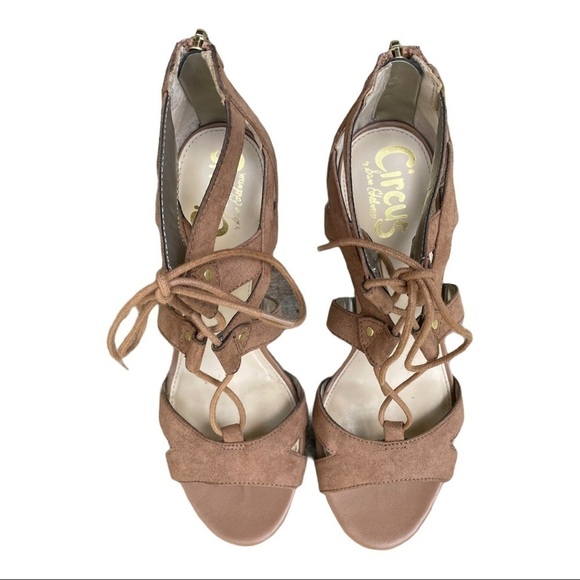 Circus by Sam Edelman Emilia Tan Back Zipper Open Toe Block Heels Size 6.5 - Picture 9 of 15